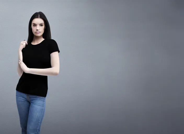 Image similar to clear photorealistic mockup product photograph of a blank black tshirt on an attractive female model in front of an urban background