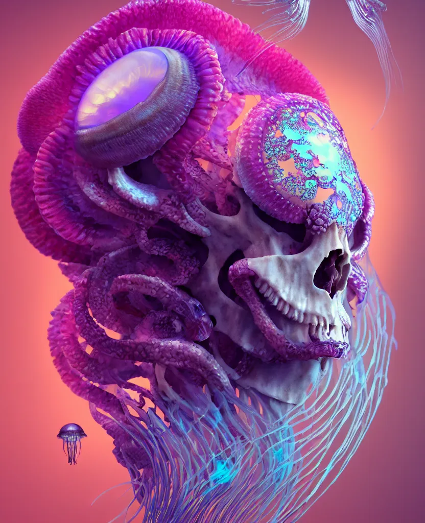 Image similar to goddess princess face close-up portrait ram skull. jellyfish phoenix head, nautilus, orchid, skull, betta fish, bioluminiscent creatures, intricate artwork by Tooth Wu and wlop and beeple. octane render, trending on artstation, greg rutkowski very coherent symmetrical artwork. cinematic, hyper realism, high detail, octane render, 8k