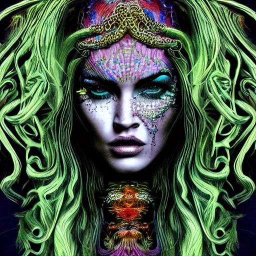 Image similar to an extremely psychedelic portrait of megan fox as medusa, surreal, lsd, face, detailed, intricate, elegant, lithe, highly detailed, digital oth, sharp focus, illustration,