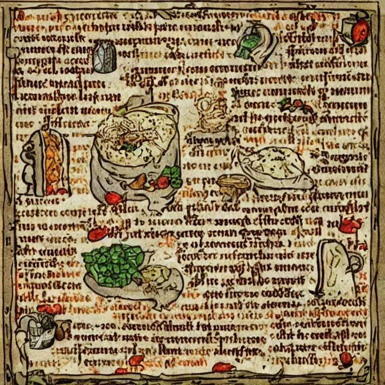 Image similar to middle age illustrated recipe for burrito ( ( ( ( burrito ) ) ) ) lot of medieval enluminures in the background explaining the recipe, schematic in a notebook