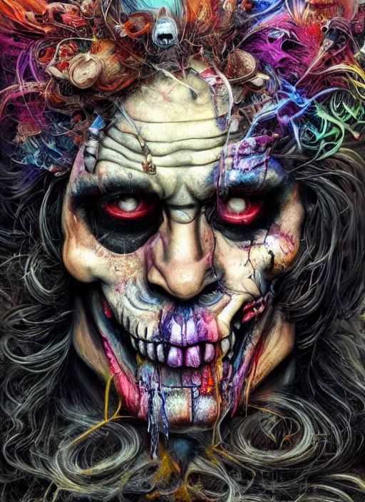 Image similar to mad hatter, polynesian god, half skull half face, highly detailed, cinematic, 8 k, by megan duncanson, benjamin lacombe, adrian borda, stanley artgermm, tom bagshaw, craig mullins, carne griffiths, ayami kojima, beksinski, giger, trending on deviantart, hyper detailed, horror, full of colour