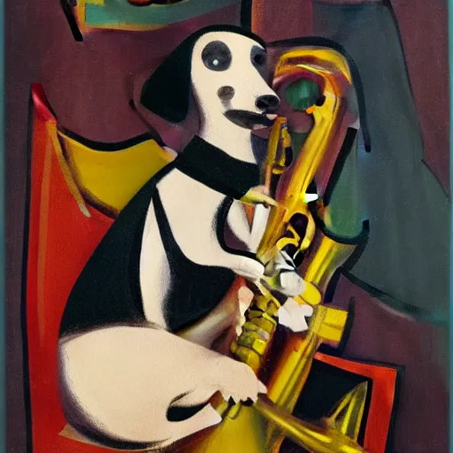 Image similar to dog playing the saxophone, sitting on the couch, medieval portrait, cubism