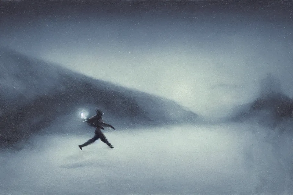 Prompt: atmospheric nightscene of a ninja running through a snow field by john harris