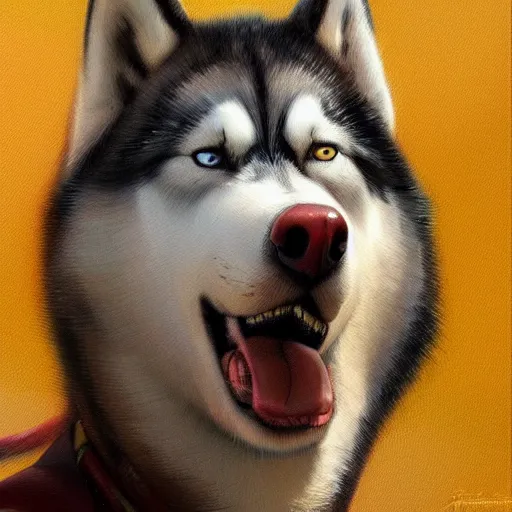 Prompt: a portrait painting of a husky in cowboy costume, wearing a cowboy hat, character design, personify, anthropomorphic, trending on artstation