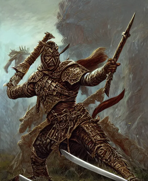 Image similar to battle - worn warrior with legendary sword, fantasy, man, cool armour, intricate, highly detailed, digital painting, artstation, concept art, wallpaper, smooth, sharp focus, illustration, art by larry elmore, jeff easley, clyde waldwell, keith parkinson, daniel r horne