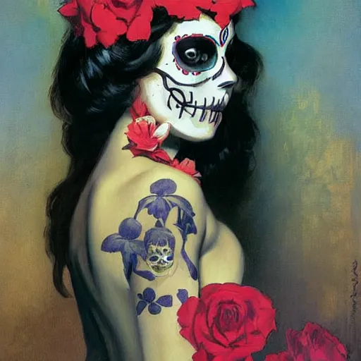 Prompt: Poster art of a cute Día de los Muertos girl by J. C. Leyendecker