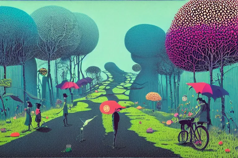 Image similar to surreal glimpse into other universe, jalan - jalan cari makan, summer morning, very coherent and colorful high contrast, art by!!!! gediminas pranckevicius!!!!, geof darrow, floralpunk screen printing woodblock, dark shadows, hard lighting, stipple brush technique,