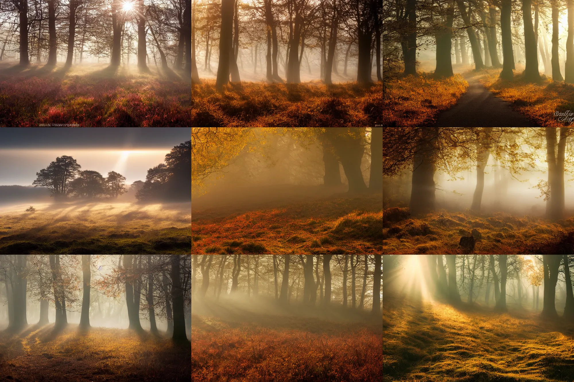 Prompt: beautiful landscape photography of ashdown forest, misty morning in autumn, sun rays, lpoty, award winning