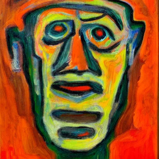Image similar to an expressionism face portrait of the Gman used with Impasto, dark oranges reds and yellows, note detailed