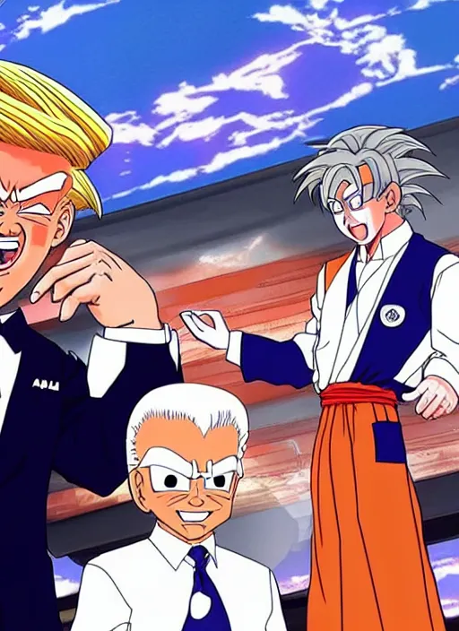 Prompt: : president trump and biden as anime cartoon character design dragonball z