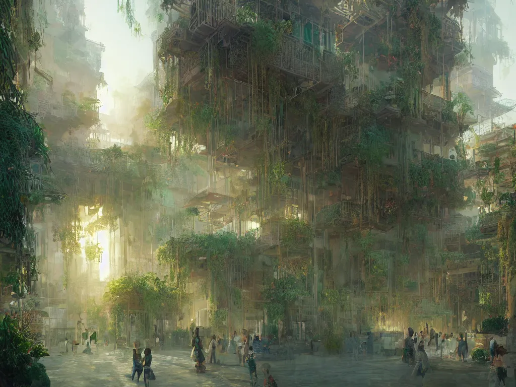 Image similar to the antique green city of babylon with its wonderful hanging gardens at dawn, intricate, elegant, volumetric lighting, digital painting, highly detailed, artstation, sharp focus, illustration, concept art, ruan jia, steve mccurry