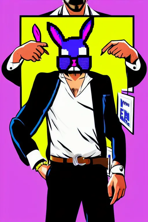 Image similar to man wearing an blouses with a bunny mask with one ear cut off. pop art, pixel, gta vice city art style, face features, body features, ultra realistic details, digital painting, concept art, smooth, sharp focus, illustration, intecrate details, elegant, confident posse, art by mark millar and richard hamilton and mimmo rottela