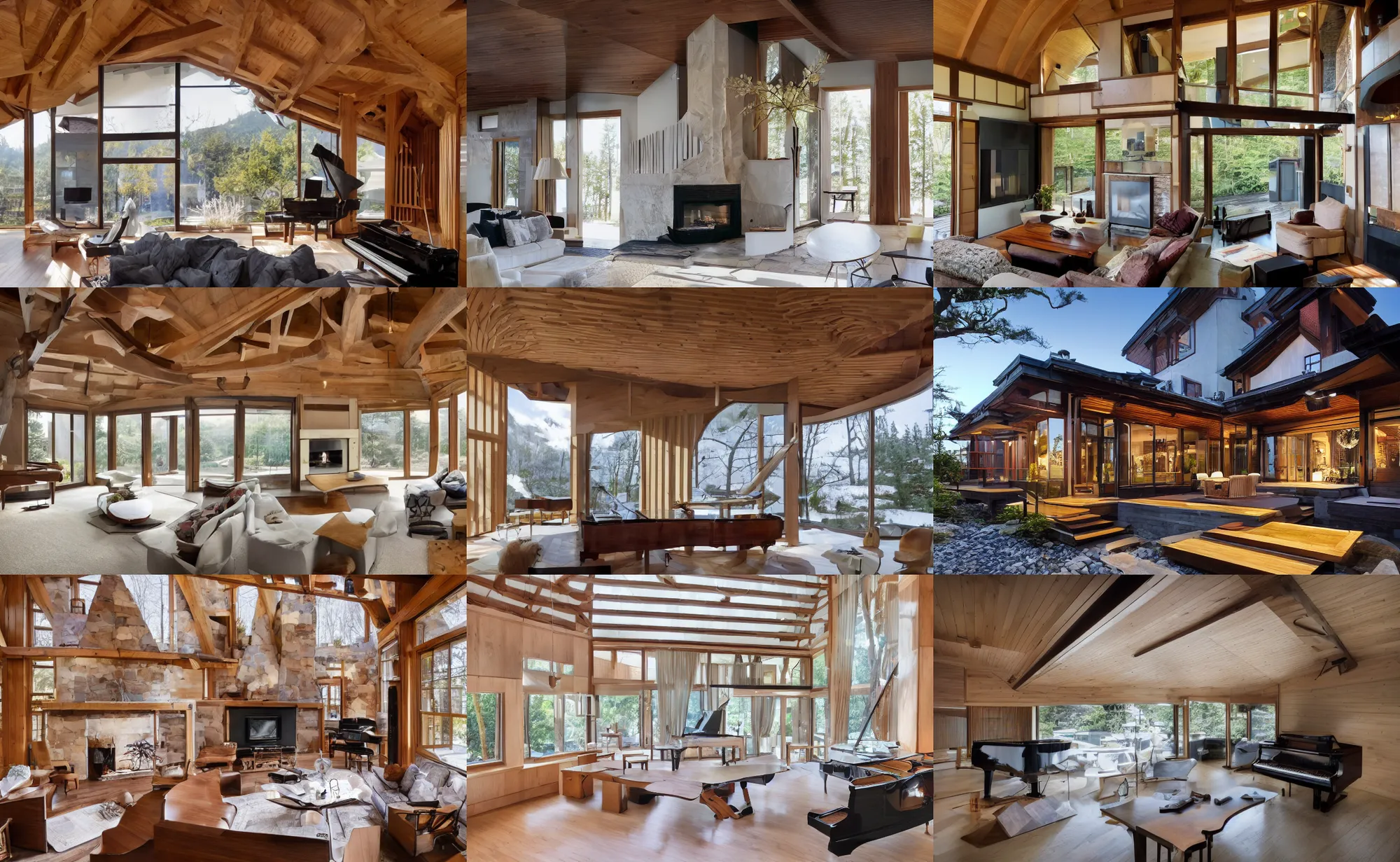 Prompt: luxurious wooden cottage, modern Japanese living room, Japanese flower arrangements, grand piano, fireplace, coherent composition, architecturally accurate, architecture photography