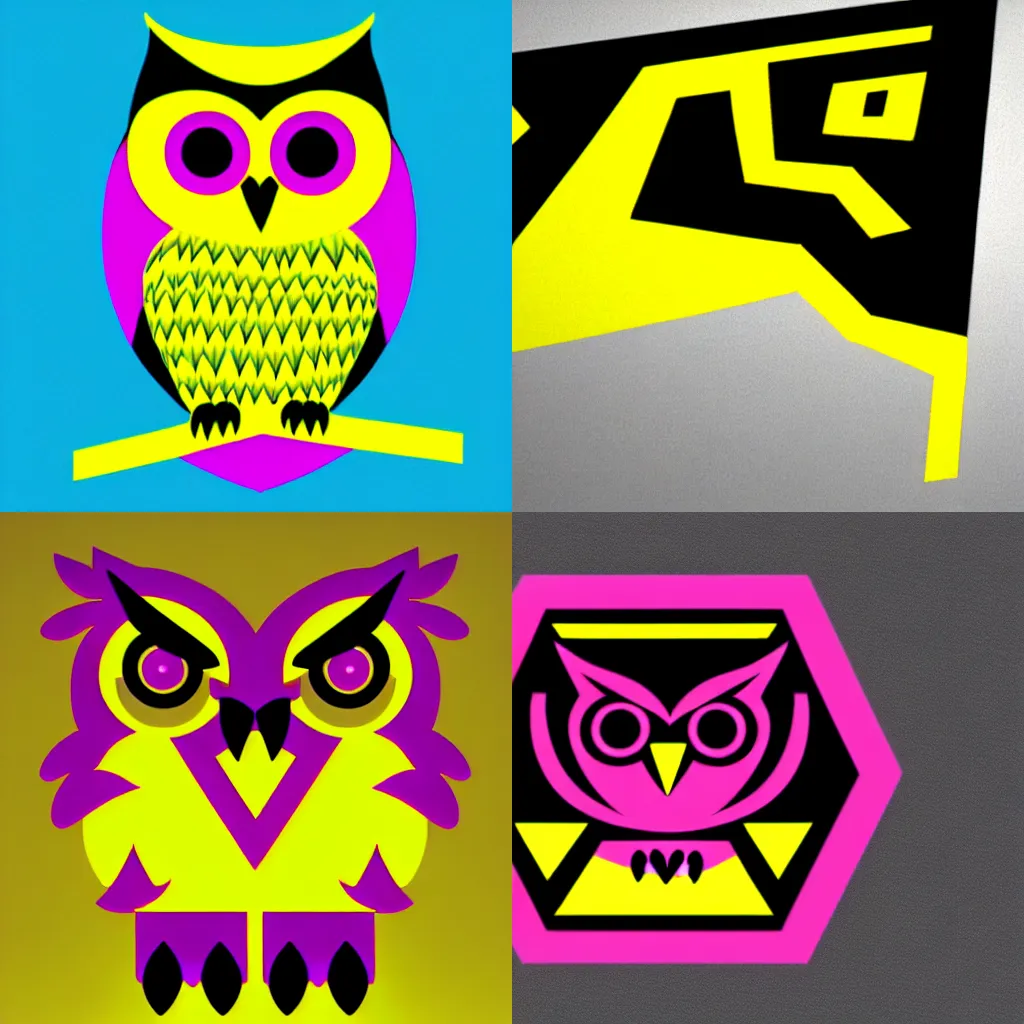Prompt: A yellow and magenta logo of an owl in the Y2K style, created by The Designers Republic