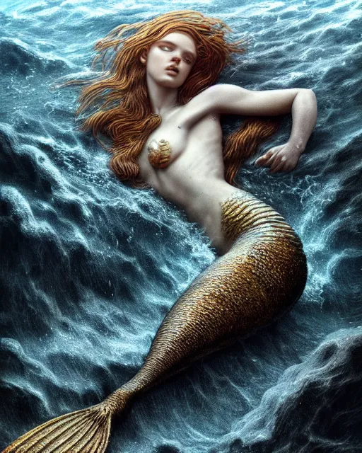 Image similar to beached mermaid, accurate details, dramatic, intricate, elegant, highly detailed, digital painting, artstation, concept art, sharp focus, illustration, art by Gustave Dore, octane render