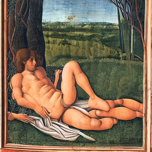 Image similar to portrait of benjamin netanyahu lying elegantly in nature, leaves as clothes, by sandro botticelli