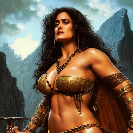 Image similar to a portrait of Salma Hayek as a barbarian, detailed, centered, digital painting, artstation, concept art, donato giancola, Joseph Christian Leyendecker, WLOP, Boris Vallejo, Breathtaking, 8k resolution, extremely detailed, beautiful, establishing shot, artistic, hyperrealistic, beautiful face, octane render