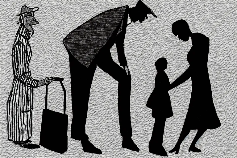 Image similar to tall, security guard checks the bags of a worried looking woman, art, satire