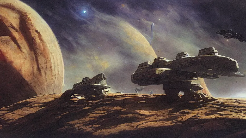 Image similar to small organic dropship lander by john schoenherr and jim burns, epic cinematic matte painting