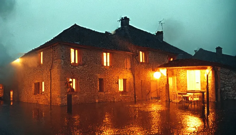 Image similar to 1 9 7 0 s movie still of a heavy burning french style stonehouse in a small french village by night rain, cinestill 8 0 0 t 3 5 mm, heavy grain, high quality, high detail, dramatic light, anamorphic, flares