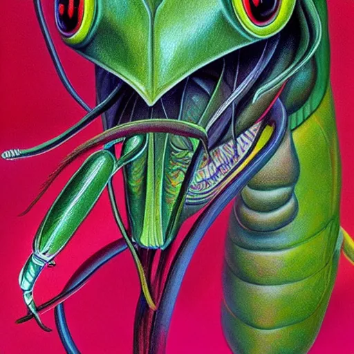 Prompt: beautiful lifelike painting of praying mantis, hyperreal detailed facial features and uv lighting, art by ed roth and basil wolverton