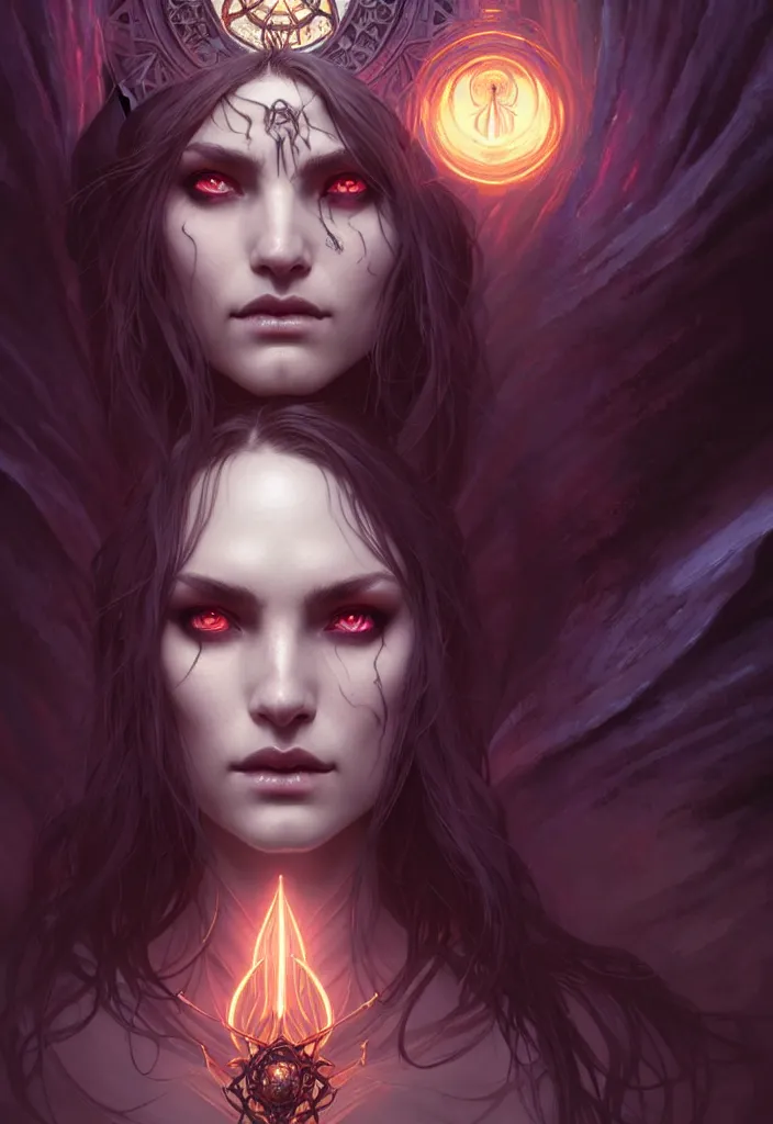 Image similar to Necromancer Sorceress face in center, fantasy magic, undercut hairstyle, dark light night, intricate, elegant, sharp focus, illustration, highly detailed, digital painting, concept art, matte, art by WLOP and Artgerm and Greg Rutkowski and Alphonse Mucha, masterpiece