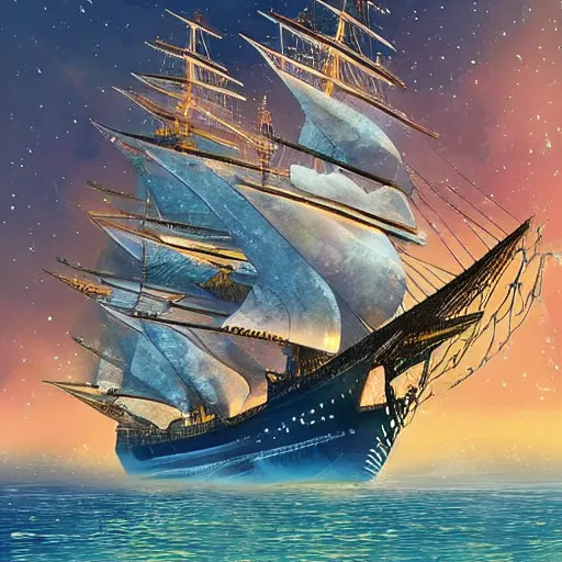 Prompt: a grand sailing ship with sails made of butterfly wings, butterfly wing sails, ethereal cinematic fantasy illustration, magical, bioluminescence