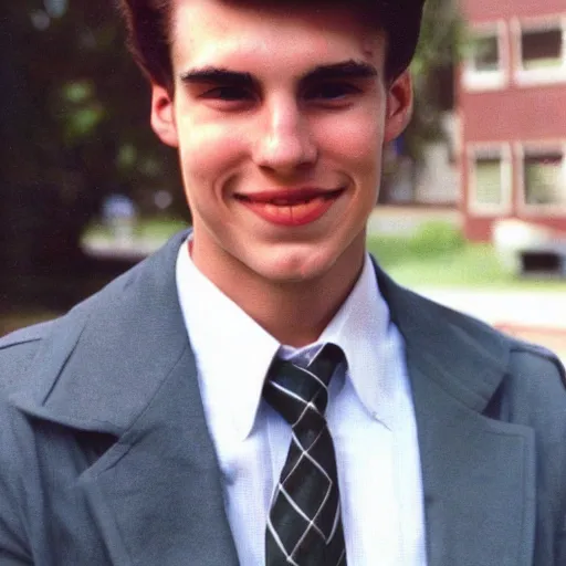 Prompt: a color photograph of a very handsome young guy in 1 9 8 8, he is at college