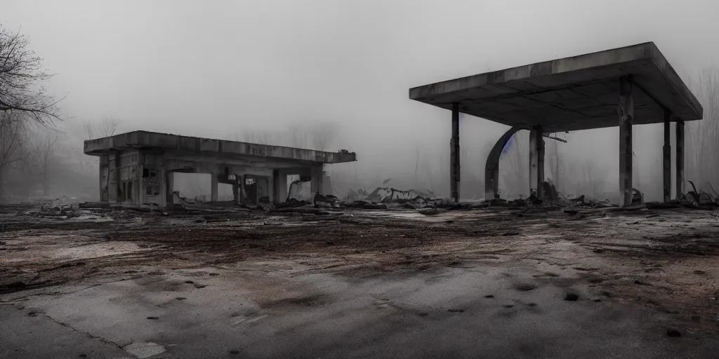 Image similar to a melancholic post-apocalyptic ruins of a gas station, destroyed by nuclear war, mutants creatures swarming, atmosphere of silent hill, 8k, cinematic lighting, hd wallpaper, fog, Todd Hido