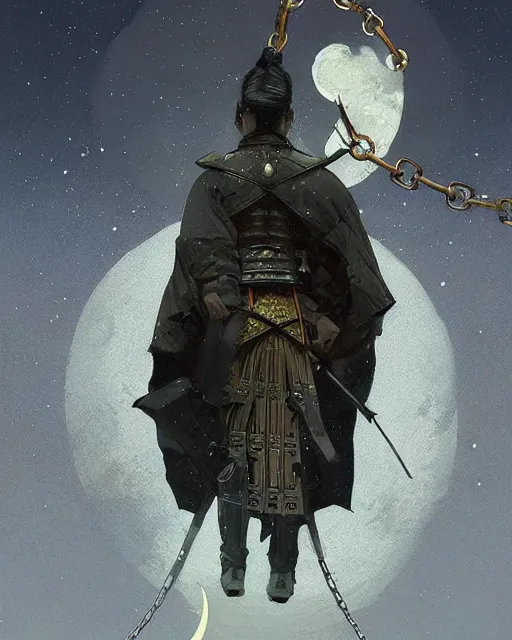 Image similar to '' Illustration a samurai breaking its chains, (night), (moon in the background), digital painting, artstation, concept art, sharp focus, illustration, art by greg rutkowski and alphonse mucha ''