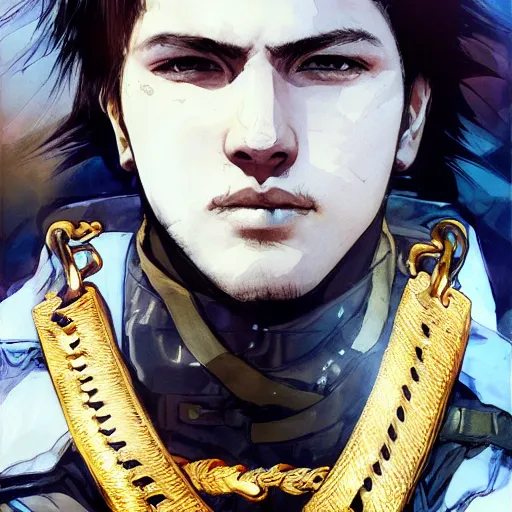 Image similar to portrait of a young white hero using his right arm to hold his sword covering his eye by yoji shinkawa, high quality, extra details, realism, ornate, colored, golden chain, blood, white skin, short hair, brown eyes, vivid, sunlight, american man, freedom, white american soldier, painting, cybernetics, military