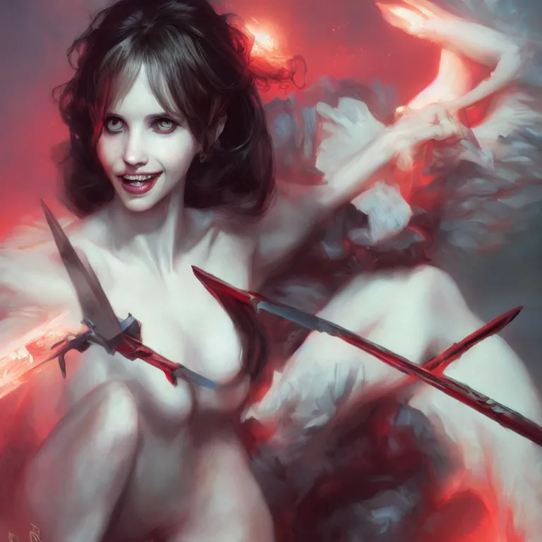 Prompt: portrait of felicity jones as a beautiful pale laughing succubus maiden with sword, nimbus, red lighting, masterpiece 4 k digital illustration by ruan jia and mandy jurgens and artgerm, highly detailed, trending on artstation, award winning