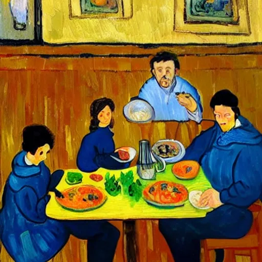Image similar to a family sitting in a georgian restaurant eating georgian food, in the style of van gogh