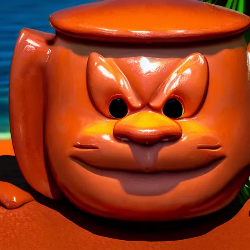 Image similar to a closeup photorealistic photograph of a glossy orange cat garfield style tiki mug sitting at a trader vic's beach bar featuring garfield's face. tiki theme. bright scene. fine detail. this 4 k hd image is trending on artstation, featured on behance, well - rendered, extra crisp, features intricate detail, epic composition and the style of unreal engine.