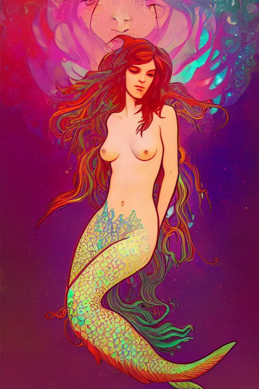 Image similar to a beautiful psychedelic mermaid with a beautiful fin, cinematic lighting, soft bokeh, fantasy, modern, colourful, highly detailed, digital painting, artstation, deviantart, concept art, sharp focus, illustration, by alphonse mucha