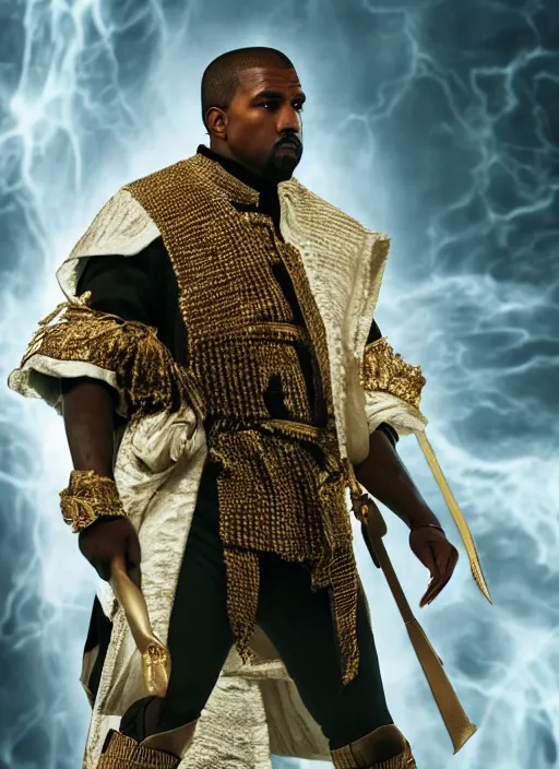 Image similar to kanye west as emperor napoleon in mortal kombat, splash art, movie still, cinematic lighting, dramatic, octane render, long lens, shallow depth of field, bokeh, anamorphic lens flare, 8 k, hyper detailed, 3 5 mm film grain