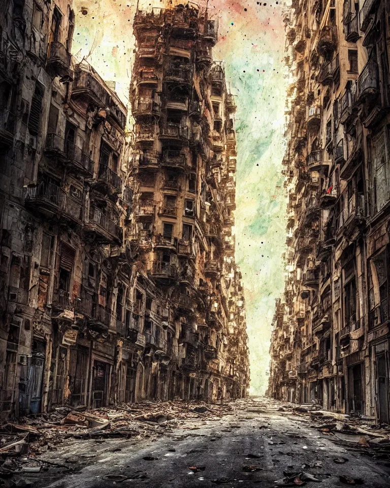 Image similar to abandoned streets of Barcelona, post-apocalyptic painting, cosmic horror