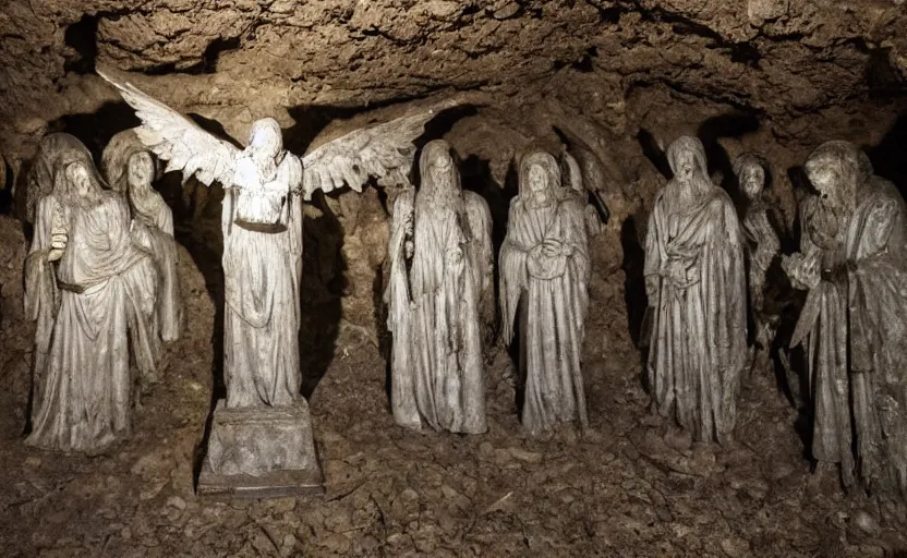 Image similar to several decrepit creepy statues of the archangel gabriel looking at the camera, placed throughout a dark claustrophobic old catacomb cavern, realistic, underexposed photography, bad camera footage, wide shot, sinister, bad lighting, foreboding, grainy photo