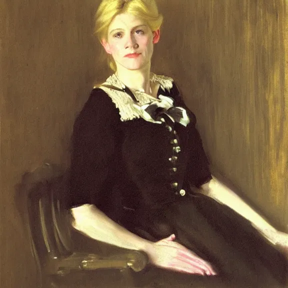 Image similar to portrait of a middle aged maid with blonde hair, by sargent, 1880