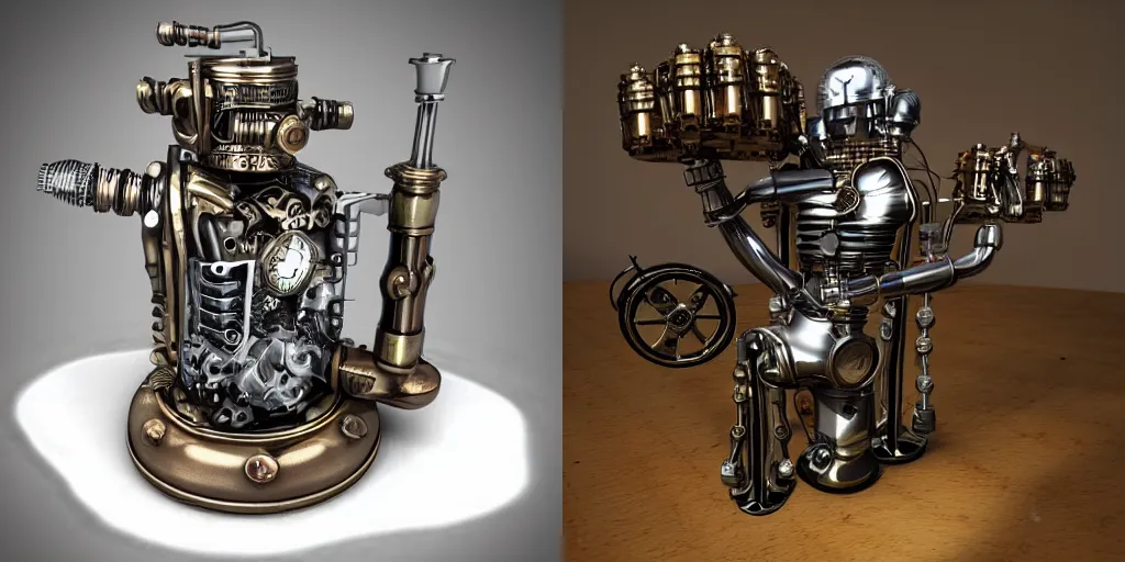 Prompt: grandfather with mechanical legs, steampunk mechanical pistons, highly detailed, 3d