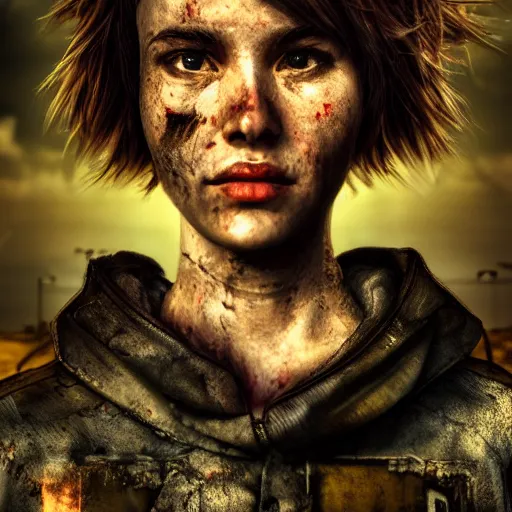 Prompt: pretty face, wide angle lens, photorealistic, 4k, background of destroyed city post apocalyptic, steakpunk, soft lighting, portrait