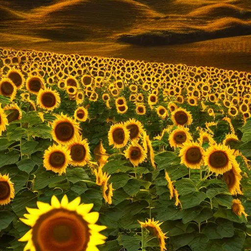 Prompt: A dreamy landscape of majenta sunflowers, golden hour, photography, Art Nouveau