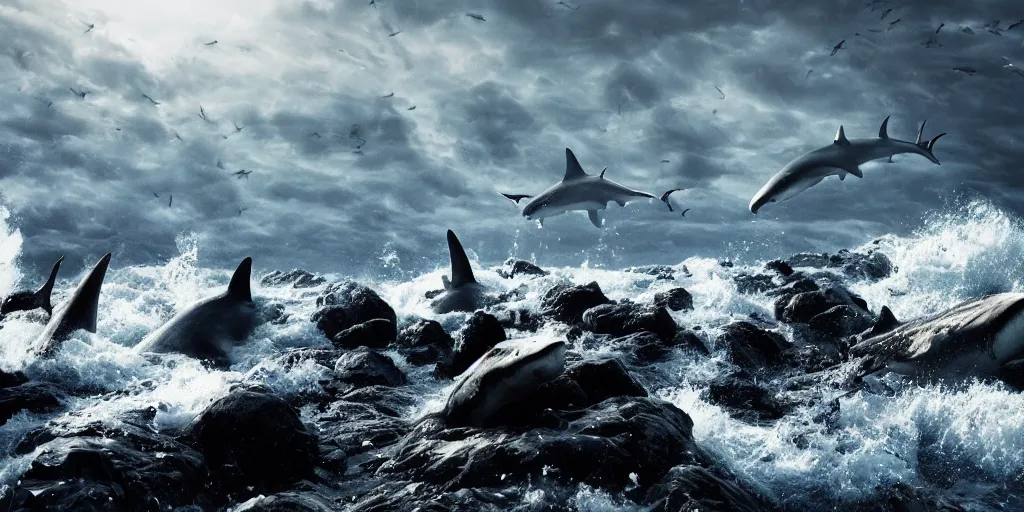 Prompt: hundred sharks seen from a rocky shore, waves, blood in the water, cinematic light