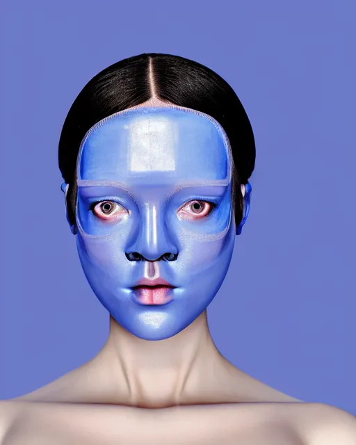 Image similar to symmetrical close - up portrait of a woman wearing a translucent silicone beauty mask and blue hair buns, wearing a black bodysuit by alexander mcqueen, blue background, soft diffused light, biotechnology, humanoide robot, bjork aesthetic, translucent, by rineke dijkstra, intricate details, highly detailed, masterpiece,