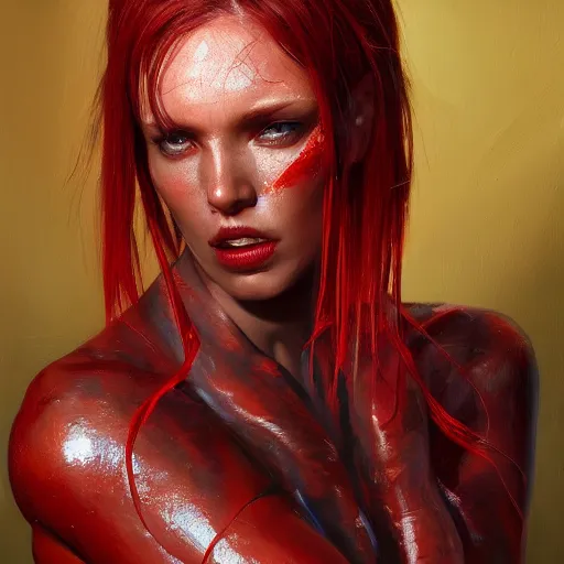 Image similar to a portrait of an intensely lit scolopendra girl modeling, red, oil painting, pale colors, high detail, 8 k, wide angle, trending on artstation,