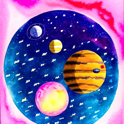 Prompt: a spaceship flying through a solarsystem in front of a pink planet, watercolor