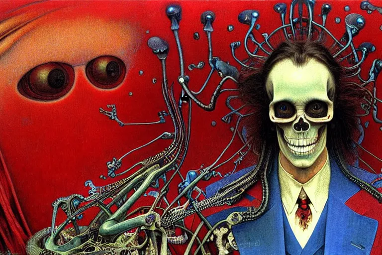 Image similar to realistic detailed closeup portrait painting of a single skeleton wearing red velvet blazer in a crowded futuristic moscow street by Jean Delville, Amano, Yves Tanguy, Alphonse Mucha, Ernst Haeckel, Edward Robert Hughes, Roger Dean, rich moody colours, blue eyes