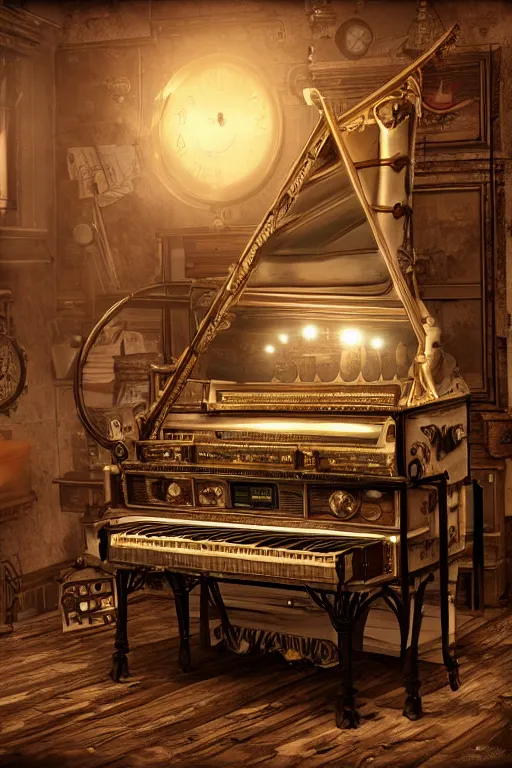 Image similar to Tonemapped Steampunk harpsichord, Artstation, Unreal Engine, photorealistic