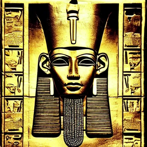 Image similar to a pharaoh with the face of donald trump and a maga hat, majestic, powerful, pyramids, anunaki, hieroglyphs, lush, rainforest, river, green, river god, wilbur smith, gold, trump tower