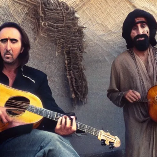 Prompt: Nicolas Cage as berber musicians, smoking hashish and playing string instruments in a dusty, sunny environment, a frame from an early star wars movie